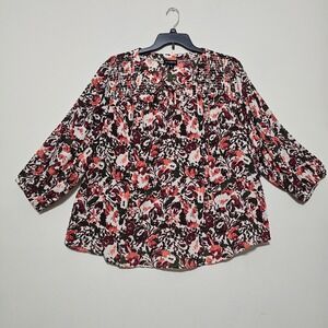 IN Studio Womens Top Blouse Plus 3X Brown Multicolor Floral Smocked Neck Tie 944
